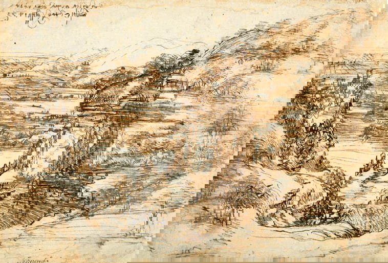 Landscape drawing of Arno Valley (1473)