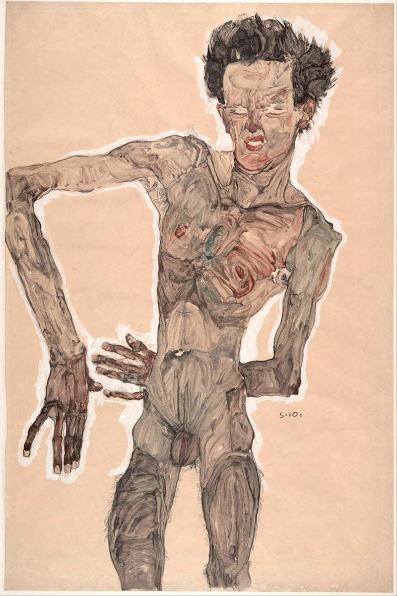 Nude self-portrait, Grimacing, Egon Schiele, 1910