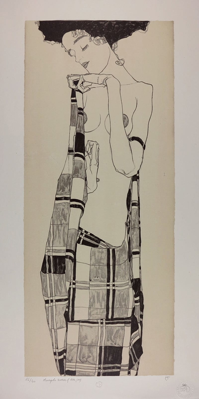 Standing Girl in a Plaid Garment by Egon Schiele
