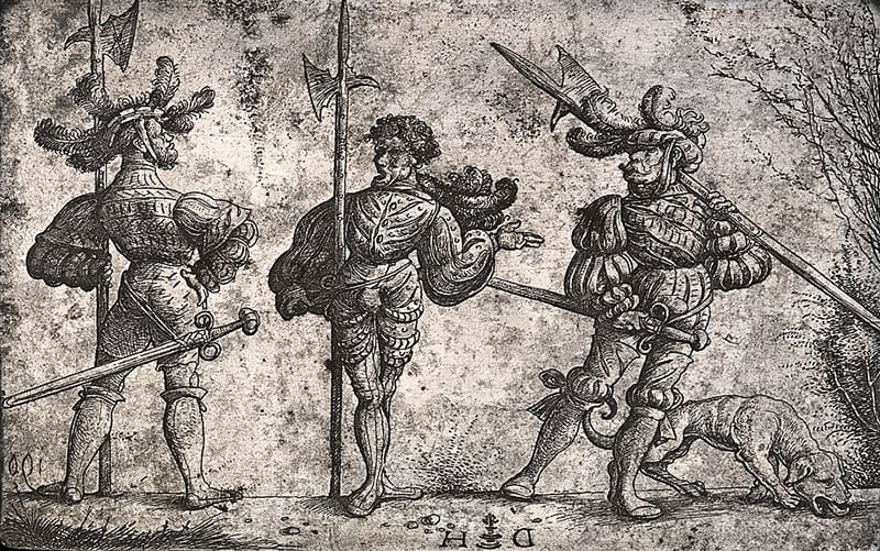 Three German Soldiers Armed with Halberds by Danierl Hopfer, 1510, original etched iron plate from which prints were made, National Gallery of Art.