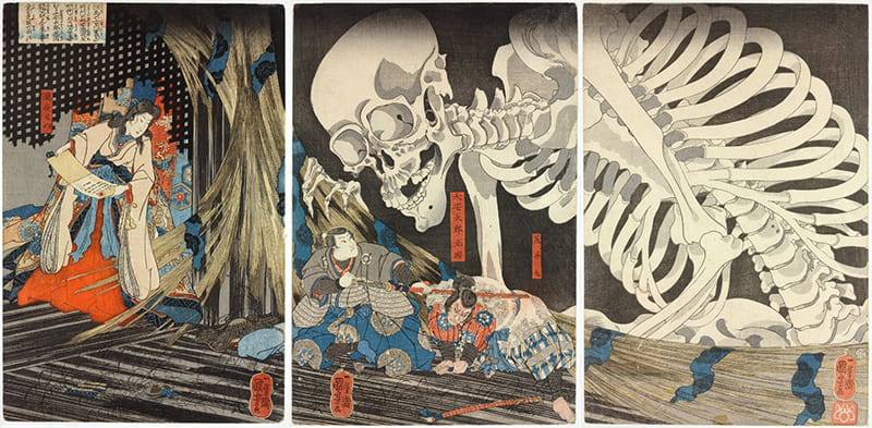 Takiyasha the Witch and the Skeleton Spectre, Utagawa Kuniyoshi, c. 1844, woodblock, three tiles.