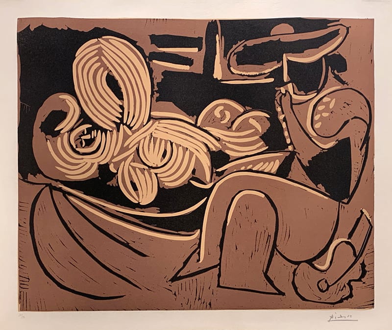 Woman Lying Down and Man with Guitar by Pablo Picasso, 1959, linocut in colors.