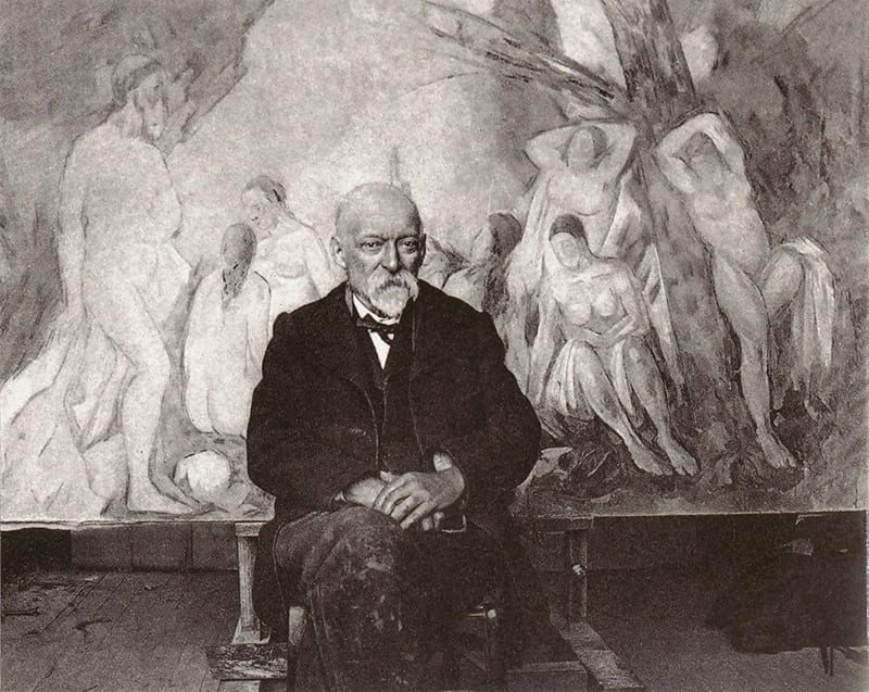 Paul Cezanne with his canvas, The Large Bathers, 1906