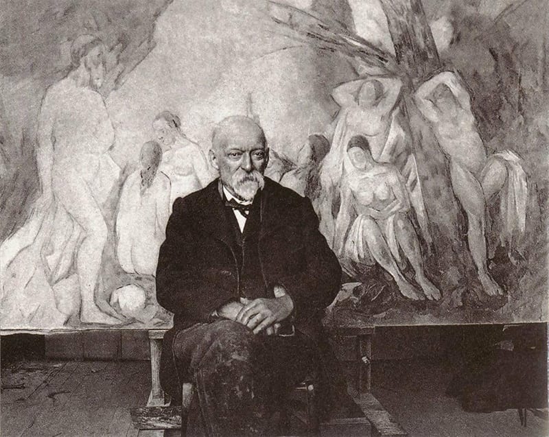 Paul Cezanne with his canvas, The Large Bathers, 1906