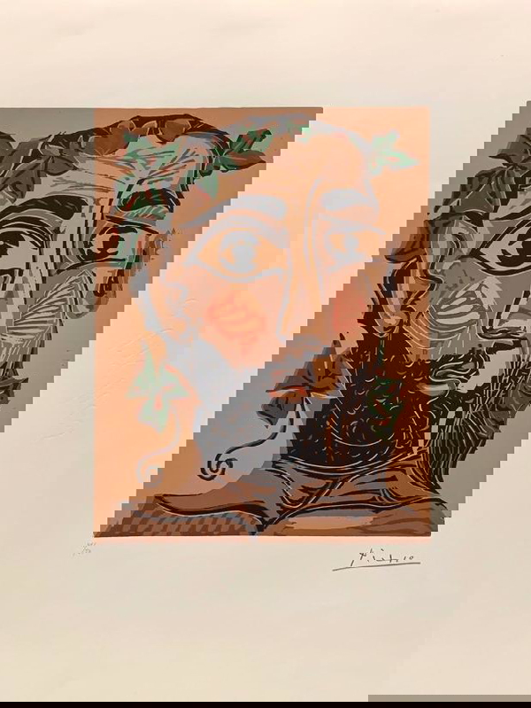 Pablo Picasso, Bearded Man Crowned in Greenery (artist’s proof), Linocut, 1962.