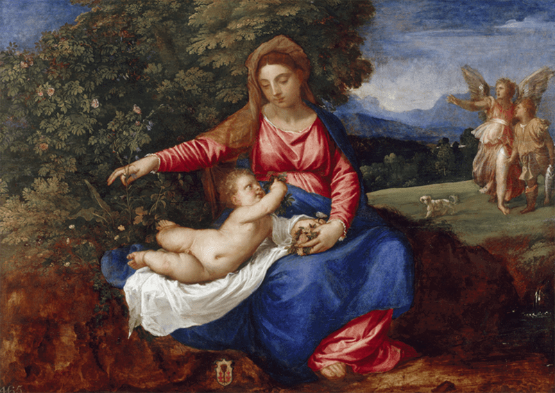Madonna and Child in a Landscape with Tobias and the Angel, Titian and Workshop c. 1535-1540, Displayed in the Picture Gallery 