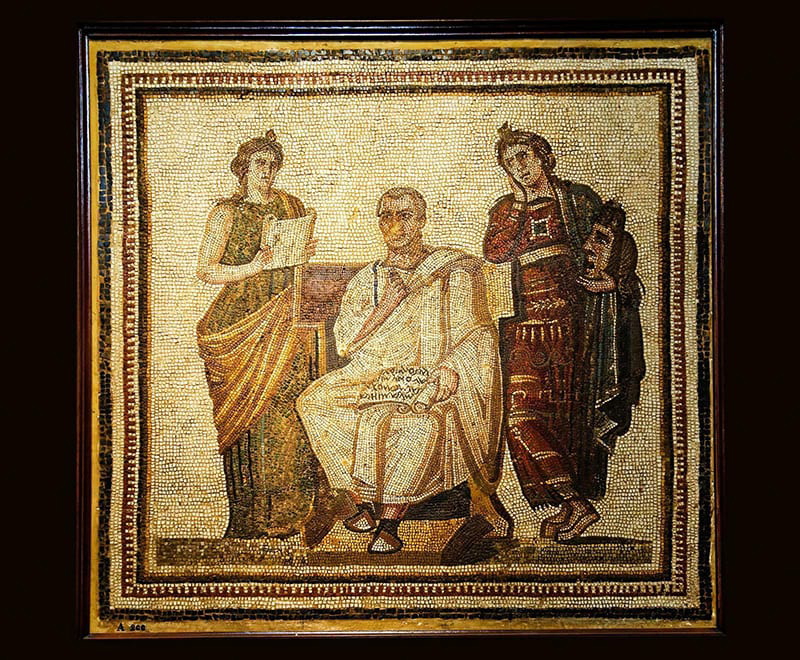 A mosaic showing Virgil, arguably the greatest Roman poet, flanked by two muses. via Encyclopedia Britannica