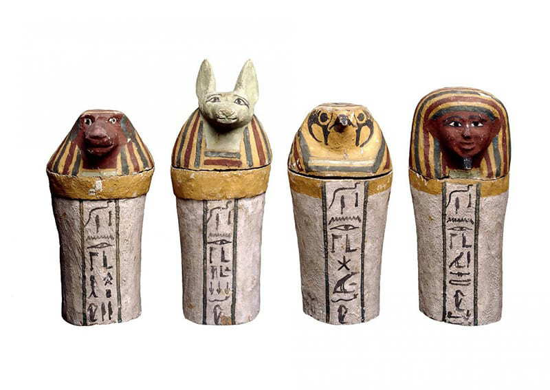 Set of canopic jars with the heads of the baboon-Hapy, jackal-Duamutef, falcon- Qebehsenuf and human-Imsety, via The British Museum