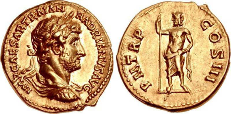 A gold coin of a bearded Emperor Hadrian, via WildWinds.