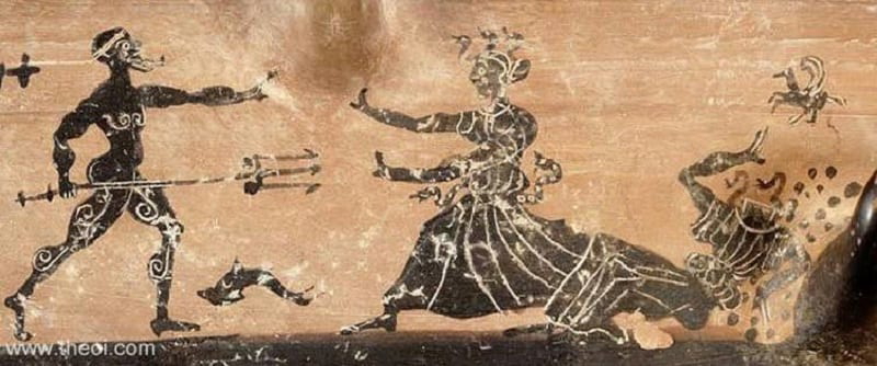 Drawing of Poseidon and Gorgon Medusa from a Boeotian black-figure ware, late 5th Century BC.