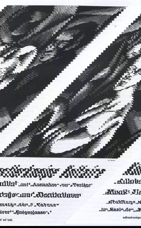 Poster for the opening of the Cabaret Voltaire (By Marcel Słodki (1892-1944) 