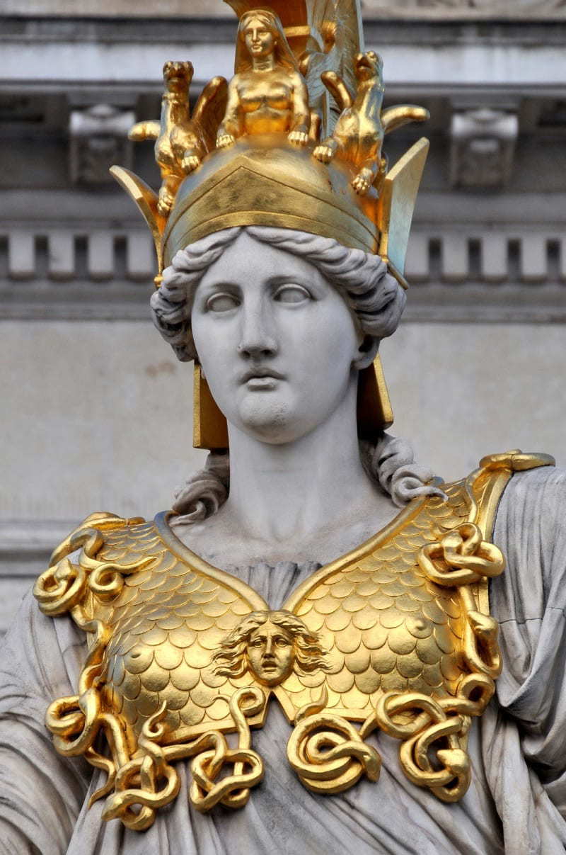 Close-up of the Vienna Athena statue, depicting her breastplate with a central applique of Medusa