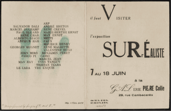 Poster for the first Surrealism exhibition (Mr. and Mrs. Allan C. Balch Art Research Library, Los Angeles County Museum of Art)