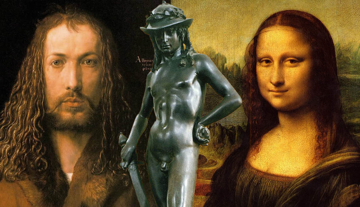 Renaissance Masterpieces, David by Donatello, Self Portrait by Albrecht Durer, Mona Lisa by da Vinci