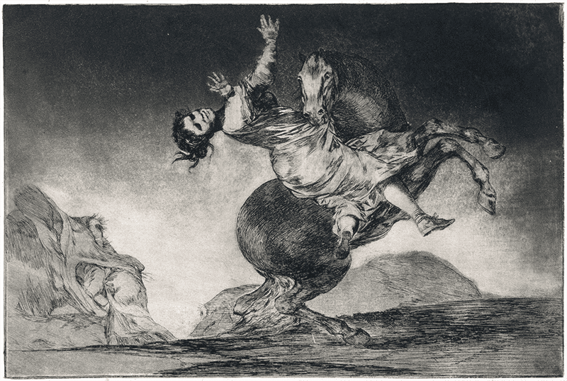 Francisco de Goya y Lucientes, “La mujer y el porto, que los dome otro. El caballo raptor, disparate desenfrenado” (1816-23), original print, from the collection of Petit Palais (CC0 Paris Musées / Musée des Beaux-Arts de la Ville de Paris, Petit Palais)