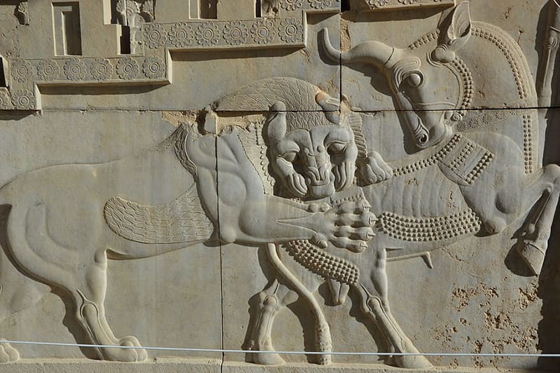 Lion attracking bull - from Persepolis Tripylon, or triple gate, between the Apadana and the Hall of Hundred Columns