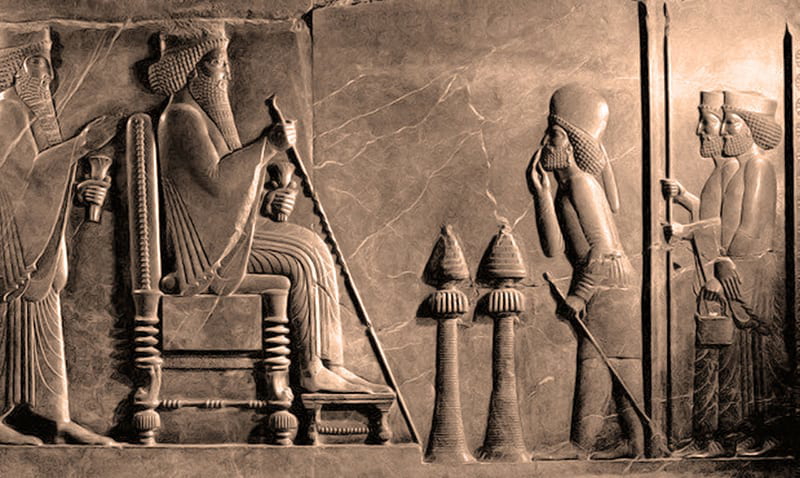 Enthroned Darius with Xerxes behind - central relief of the Persepolis Apadana, found in the treasury