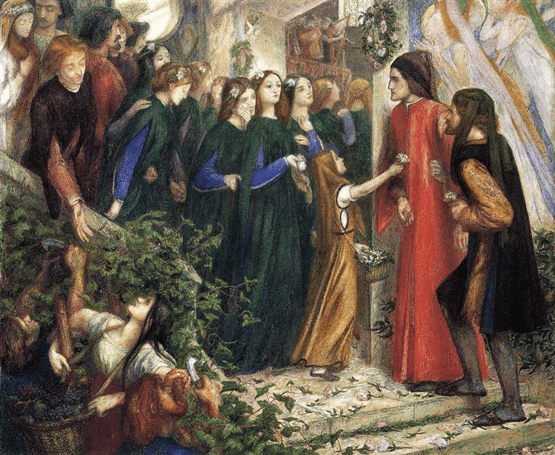 Rossetti's 'Beatrice, Meeting Dante at a Wedding Feast' was inspired by the Divine Comedy. via Wikiart