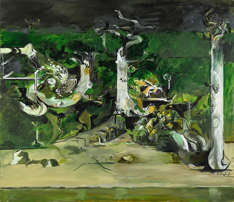 $150,000 for Trees on a River Bank, 1971, oil on canvas, sold at Sotheby’s London in 2012.