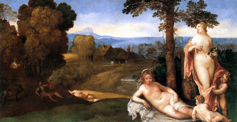 Nymphs and Children in a Landscape with Shepherds, imitator of Giorgione, c1600, via Wikiart