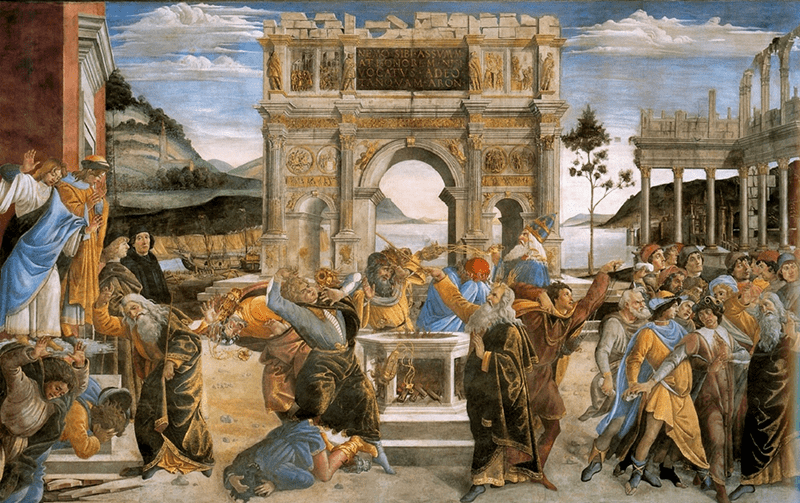 Botticelli’s The Punishment of Korah and the Stoning of Moses and Aaron adorns the walls of the Sistine Chapel, via Web Gallery of Art.