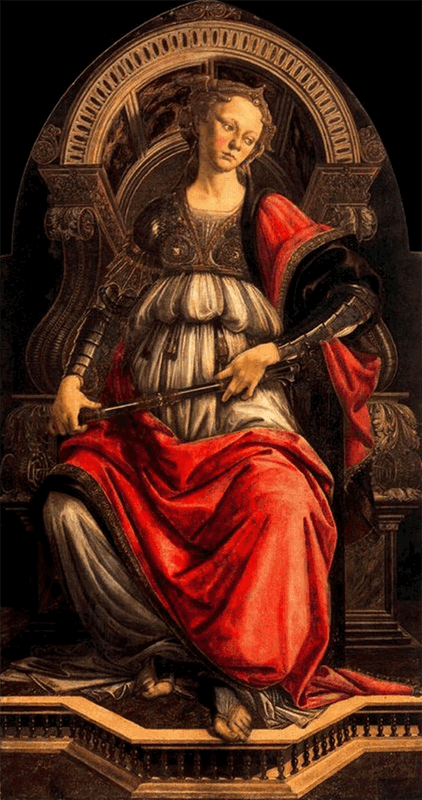 The style exemplified in his personification, Fortitude, captures Botticelli’s unique adaptation of the lessons he learned as an apprentice, via Wikiart.