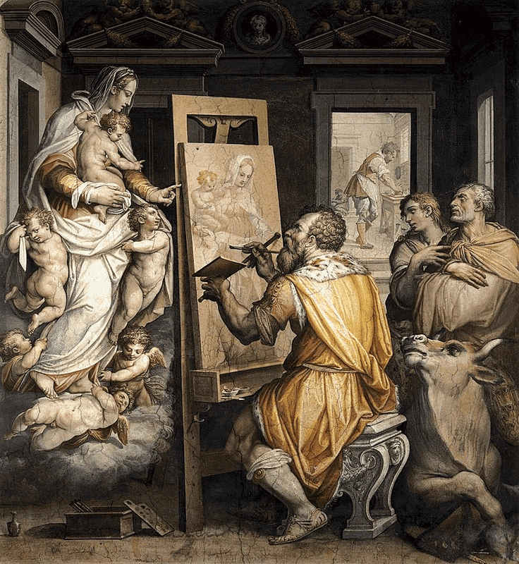 A piece by Vasari himself, showing St Luke painting the Virgin Mary while two admirers or students look on. via Web Gallery of Art.
