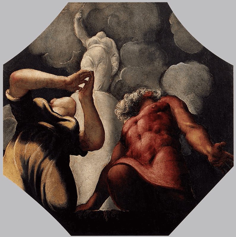 Deucalion and Pyrrha Praying before the Statue of the Goddess Themis, Tintoretto, 1542, via Wikimedia