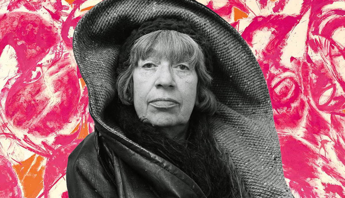Photo of Lee Krasner with Combat, 1965, abstract painting, via Guggenheim Bilbao