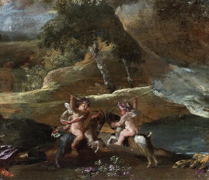 Two Putti Fighting, Mounted on Goats