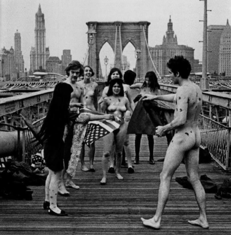 Kusama’s nude flag burning on the Brooklyn Bridge, 1968