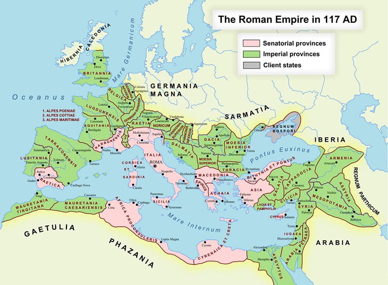 Map of the Roman Empire in A.D. 117, via Vox