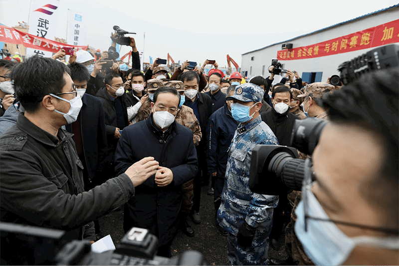 Jiang Chaoliang, Secretary of Hubei Provincial Committee of the Communist Party of China, inspecting the newly completed hospital in Wuhan, China on Feb. 2., Credit: China Daily, via New York Times,