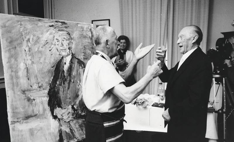 Oskar Kokoschka and Konrad Adenauer in front of his portrait canvas, 1966