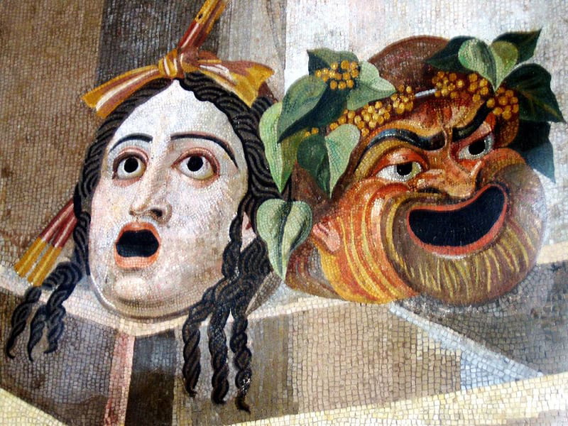 Mosaic of Greek theatre masks, via Wikimedia