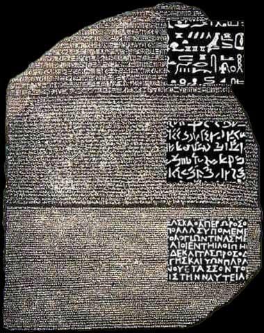 The Rosetta Stone with close-up of the three types of text on it.