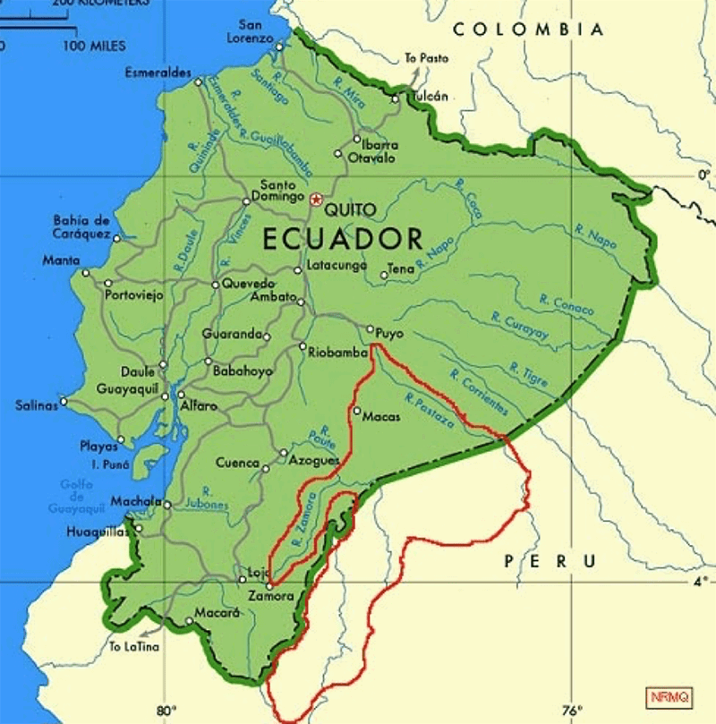 Jivaro Territory highlighted in red, between Ecuador and Peru, via Wheeler Expeditions, 2016.