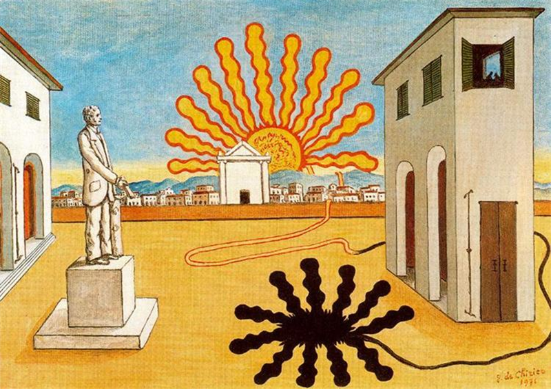 Rising Sun on the Plaza, Giorgio de Chirico, 1976, WikiArt