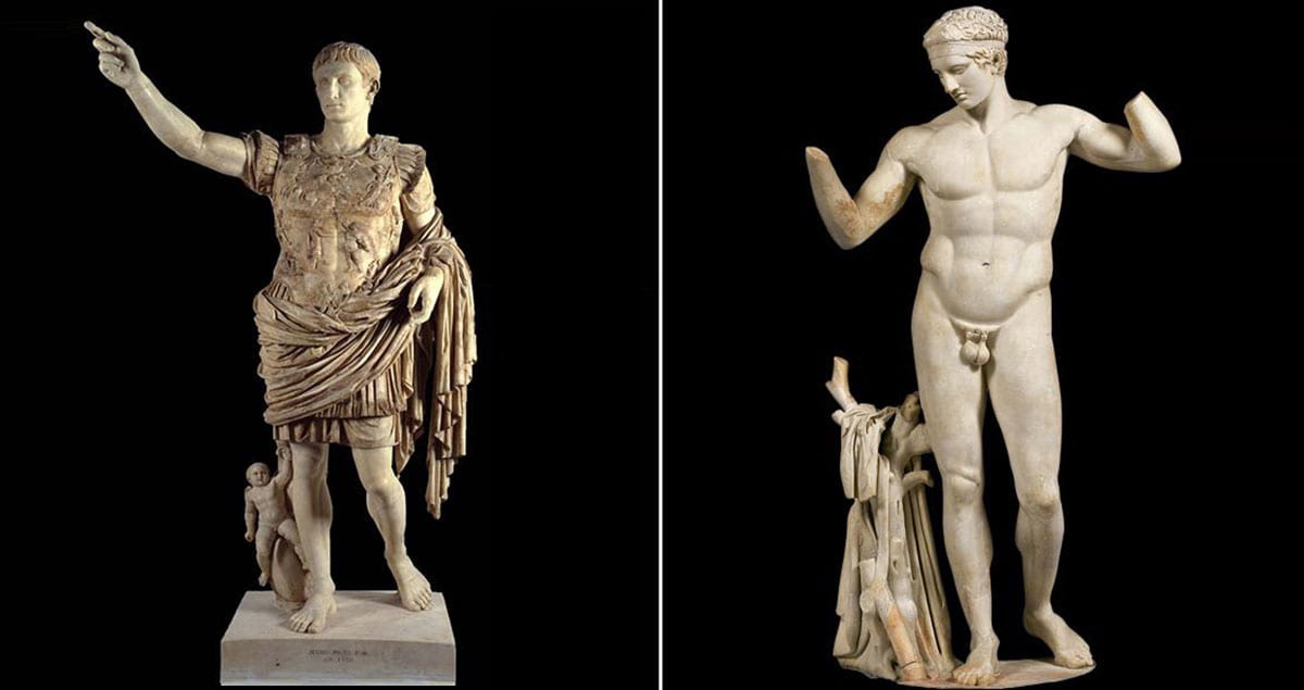 Clothed Roman Emperor vs. naked Greek athlete, via Rome on Rome