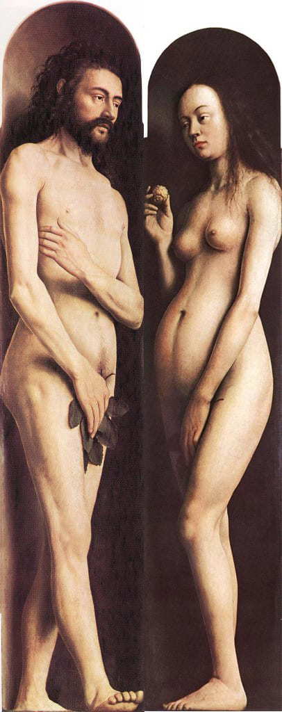 Adam and Eve from the Ghent altarpiece, van Eyck, 1432, via Wikiart