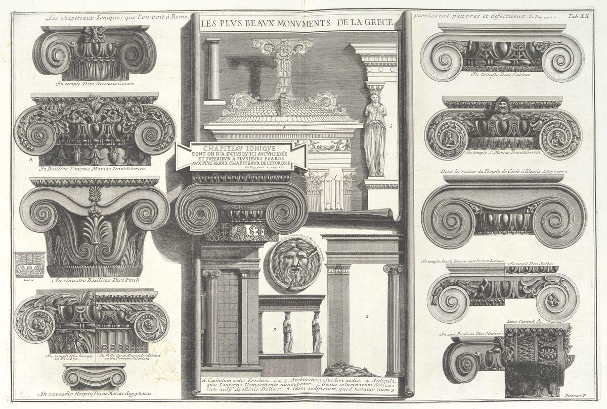 Piranesi, Various Roman Ionic capitals compared with Greek examples, mid 18th century. 