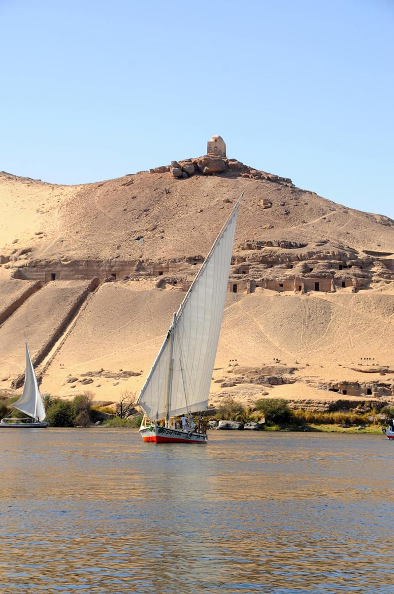 Felluccas with Aswan’s tombs of the nobles in the background, via Wikimedia