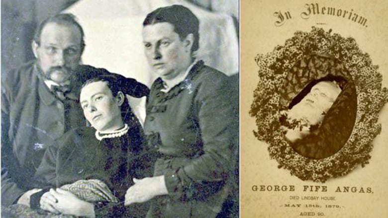 Grieving relatives pose with a dead subject – the long exposure time when taking photographs in this period meant that often the deceased were focused in comparison to the blurred living. 