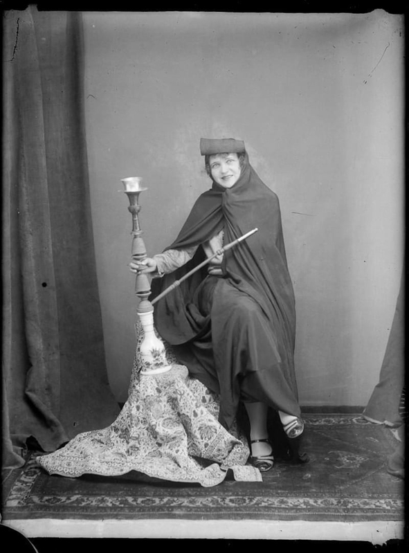 Studio Portrait: Western Woman in Studio Posed with Chador and Hookah, Antoin Sevruguin, c. 19thh century, Smith College
