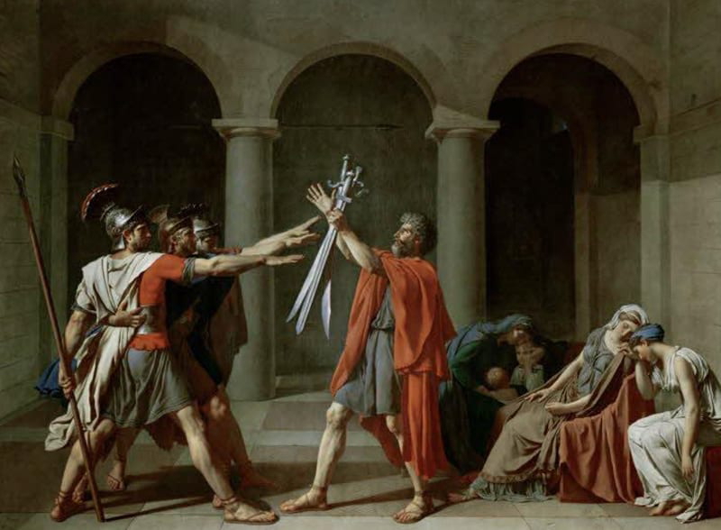The Oath of the Horatii, Jacques-Louis David, 1784, via The Louvre