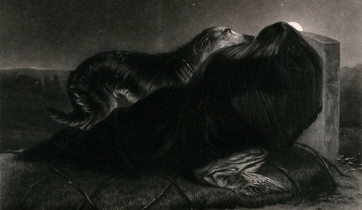 A young woman wearing a veil and black clothing mourning at a tombstone, with her dog attending on her. Mezzotint by H. Quilley after a painting by C. Hancock, 1836.