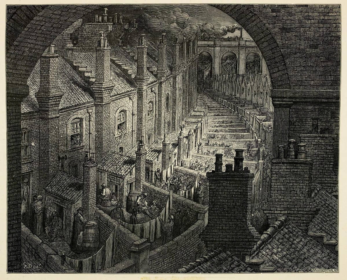 Artistic representation of overcrowded housing in London, from London, a Pilgrimage by William Blanchard Jerrold with illustrations by Gustave Doré, 1872. 