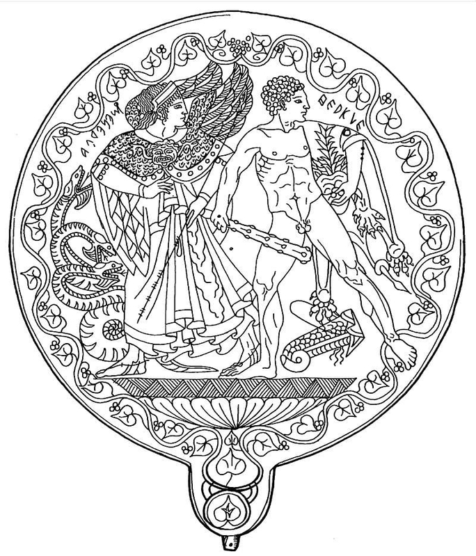 A line drawing of a bronze mirror engraved with an image of the goddess Menrva and Hercules, via Wikimedia