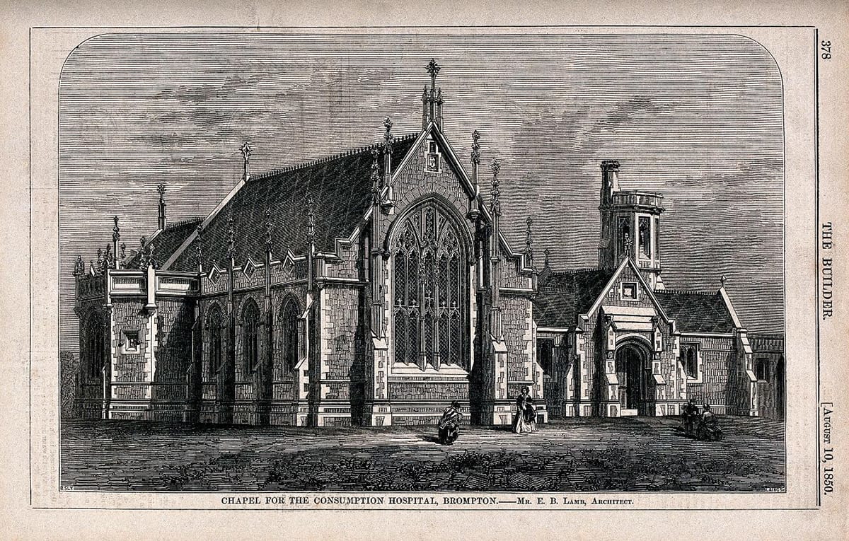The Chapel at the Hospital for Consumption, Brompton Road, Fulham: viewed from the road. Wood engraving by T. G. Dutton after E. B. Lamb. 