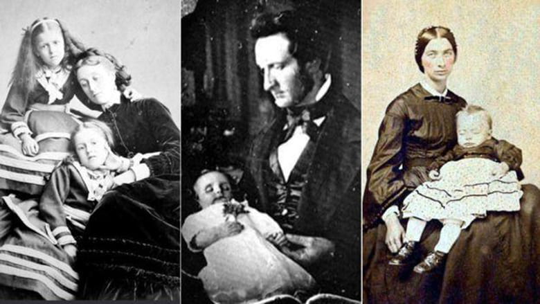Two young girls sit for a photo with their dead mother, while a Victorian father and mother mourn a dead baby positioned to look as though they are sleeping. 